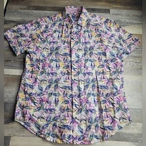 Robert Graham Rory Print Multi-Color Linen Blend Short Sleeve Button Front Large